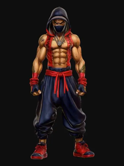 3D model for Hand-painted, inked, stylized, Hip-hop ninja boss, Street Fighter art style, Def Jam art style, bold, clean, game-ready, comical physique, immense power, corrupt, modern, #villain#