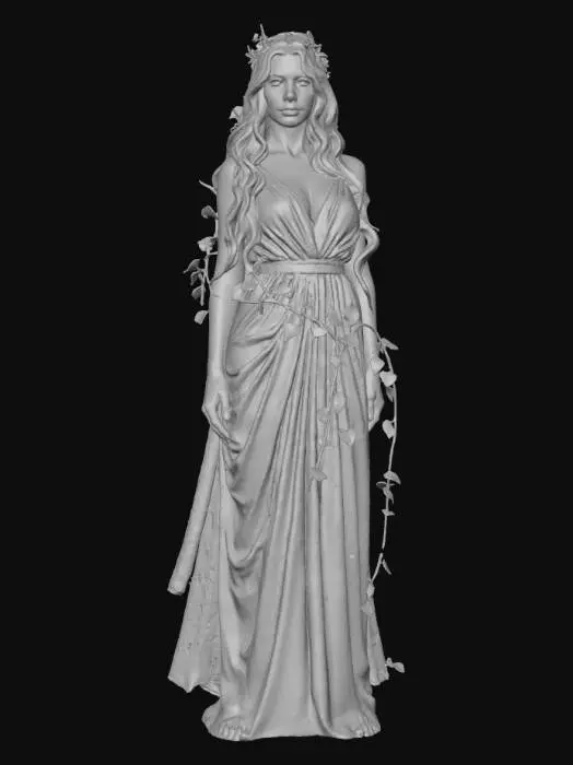 3D model for full-body shot of a gorgeous woman with blonde hair wearing an ancient Greek toga and belt, with white sleeves, wrapped in vines. on the ground is her pet cat and dog, in the style of Moebius, Tom Toles, Artgerm, and Frank Frazetta.