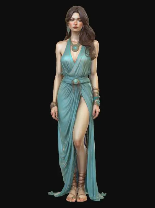 3D model for Standing Beauty

Full body, a beautiful, goddess-like woman wearing teal, ancient robes and sandals stands on the ground in front of an ancient temple, in the style of Alphonse Mucha. She has beautiful facial features, freckles, long legs, a thick body, an athletic physique, and feminine curves, in the style of Moebius, Tom Toles, Artgerm, and Frank Frazetta.