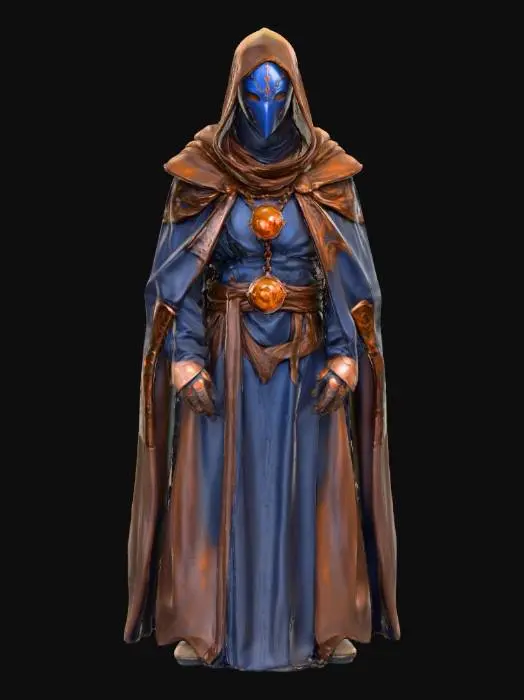 3D model for "Metalwork"

Character "Fullmetal" from Magic The Gathering, with an oil painting style and a dark blue mask covering his eyes and mouth. he wears brown robes decorated in copper rings on each hand is adorned by one large orange gemstone. in front of him stands a tall tree covered in leaves. The artwork uses oil paint techniques to create smooth textures and deep colors.