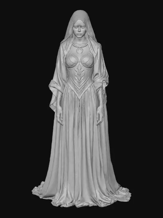 3D model for A chilling 3D model of The Blood Oracle, a veiled prophetess wreathed in crimson silk that drips like living blood. Her eyes are black voids, with faint veins of glowing red beneath pale porcelain skin. Symbols across her arms as liquid glyphs rise and orbit her. The dress flows like smoke and flesh combined. Blend gothic horror and elegance. Use emissive blood shaders, reflective silk, and eerie volumetric lighting. #villain#