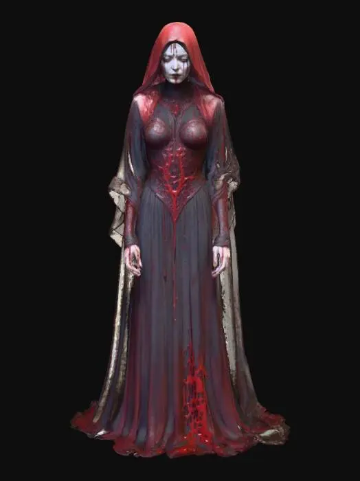 3D model for A chilling 3D model of The Blood Oracle, a veiled prophetess wreathed in crimson silk that drips like living blood. Her eyes are black voids, with faint veins of glowing red beneath pale porcelain skin. Symbols across her arms as liquid glyphs rise and orbit her. The dress flows like smoke and flesh combined. Blend gothic horror and elegance. Use emissive blood shaders, reflective silk, and eerie volumetric lighting. #villain#