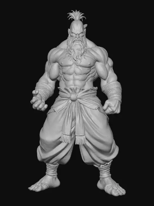 3D model for Hand-painted, inked, stylized, Shaolin villain, Street Fighter art style, Def Jam art style, bold, clean, game-ready, comical physique, immense power, corrupt, modern, #villain#