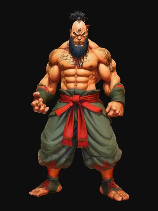 3D model for Hand-painted, inked, stylized, Shaolin villain, Street Fighter art style, Def Jam art style, bold, clean, game-ready, comical physique, immense power, corrupt, modern, #villain#