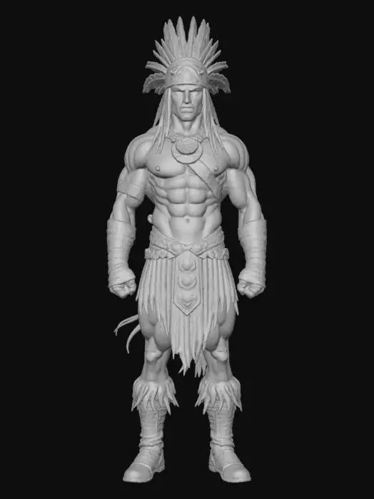 3D model for Ancient Mayan warrior in the art style of Moebius, Tom Toles, Artgerm, and Frank Frazetta, elegant head dress, handsome, muscular, dangerous, boss, #villain#