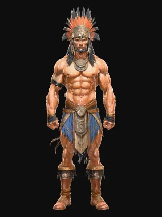 3D model for Ancient Mayan warrior in the art style of Moebius, Tom Toles, Artgerm, and Frank Frazetta, elegant head dress, handsome, muscular, dangerous, boss, #villain#