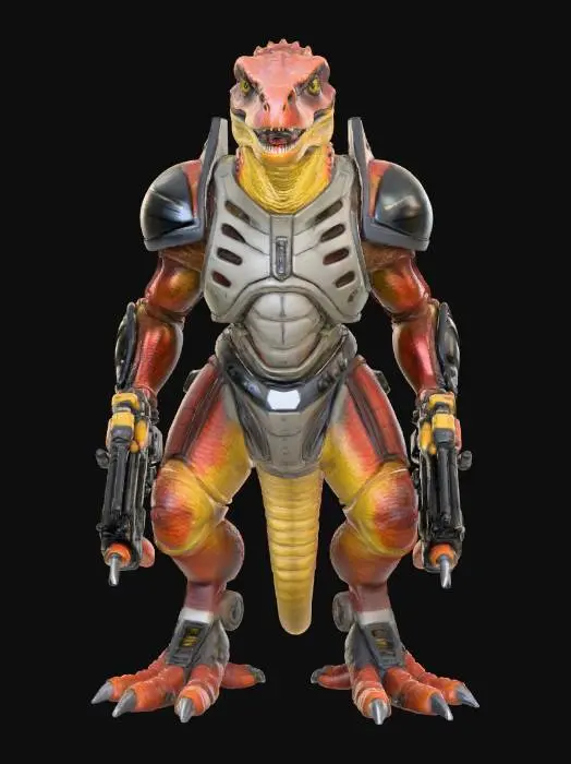 3D model for A hand-painted, high-detailed, armored Velociraptor. High tech weaponry, vibrant color, realistic, dangerous, #villain#
