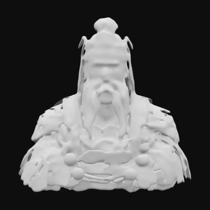 3D model for A legendary warrior resembling Guan Yu, standing tall in ornate golden and jade armor, wielding a massive crescent blade (Guan Dao). His long beard flows in the wind, and divine lightning crackles around him as he descends from the heavens. His fierce gaze strikes fear into his enemies, while cherry blossoms fall in the background.