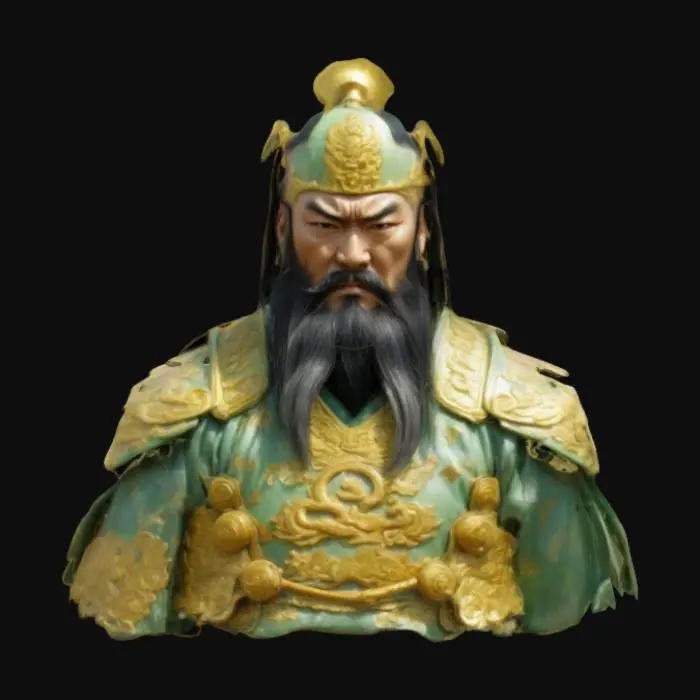 3D model for A legendary warrior resembling Guan Yu, standing tall in ornate golden and jade armor, wielding a massive crescent blade (Guan Dao). His long beard flows in the wind, and divine lightning crackles around him as he descends from the heavens. His fierce gaze strikes fear into his enemies, while cherry blossoms fall in the background.
