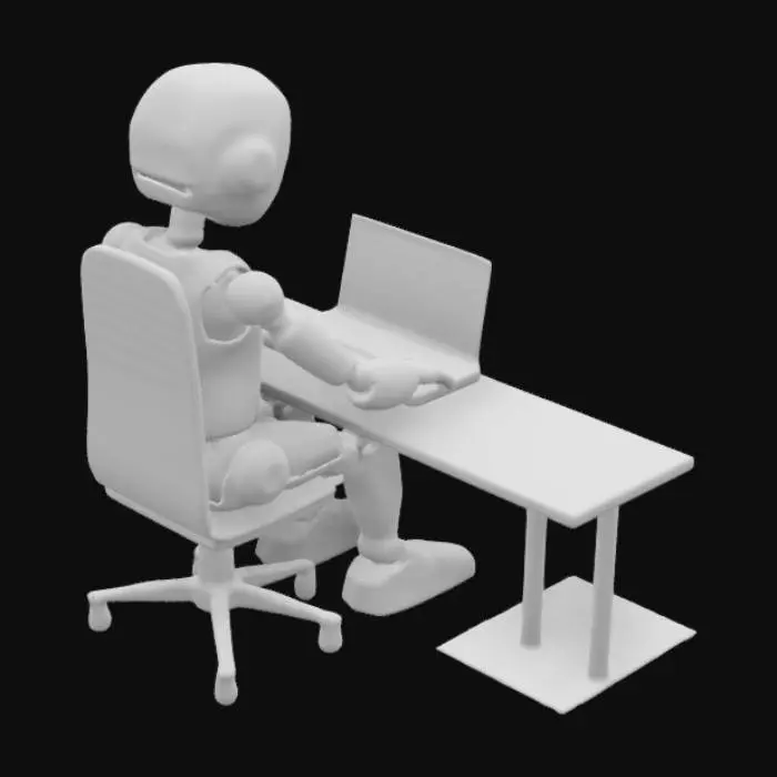 3D model for "I love Meshy!" elaborate, intricate, polished beautiful valentine robot, she is on her laptop developing 3d models, wearing modern clothing with a t-shirt that has a "I love Meshy!", valentine colorful #valentine#