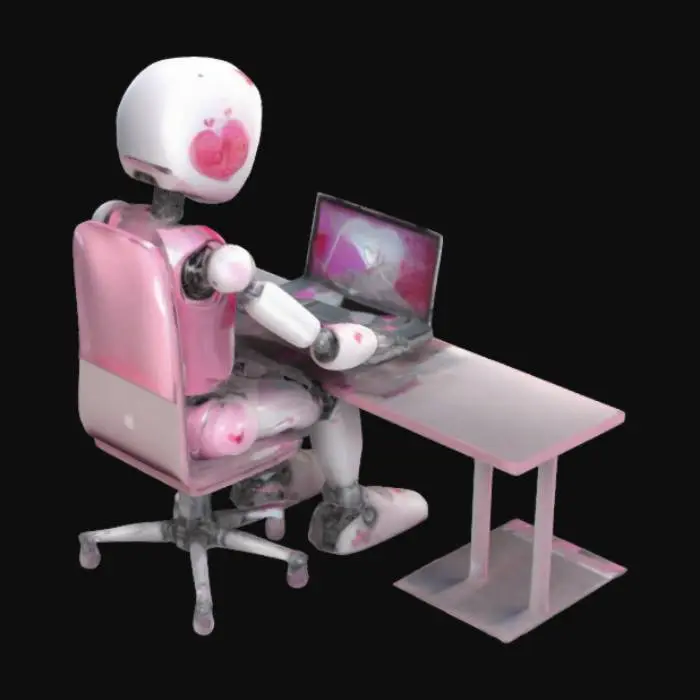 3D model for "I love Meshy!" elaborate, intricate, polished beautiful valentine robot, she is on her laptop developing 3d models, wearing modern clothing with a t-shirt that has a "I love Meshy!", valentine colorful #valentine#