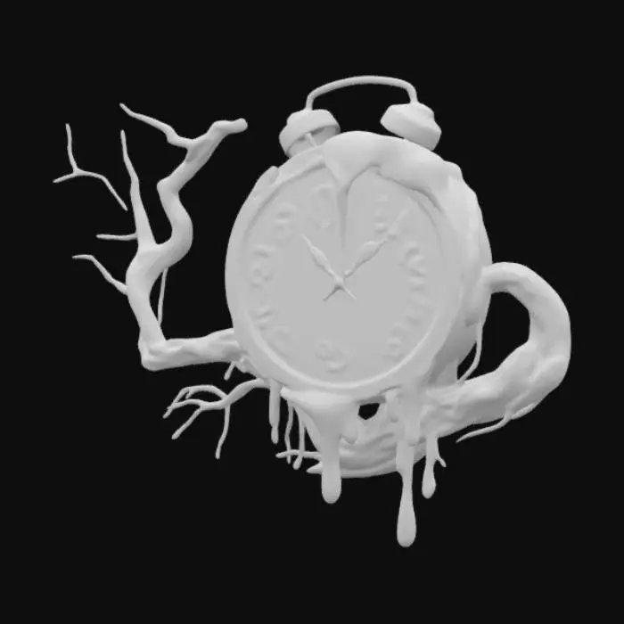 3D model for Realistic. 14k texture. A surreal, melting clock draped over the edge of a twisted tree branch. The clock face appears to sag, with stretched-out numbers and drooping hands, evoking a sense of fluid time. The lighting is soft and ethereal, casting long shadows over a vast, barren desert reminiscent of Salvador Dalí’s surrealist paintings. The scene has an eerie, timeless atmosphere, blending realism with surreal distortion.