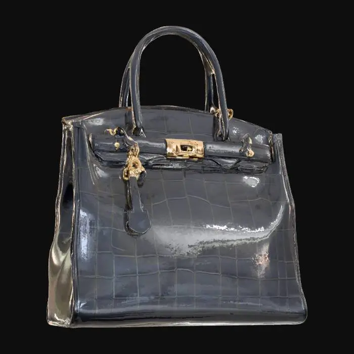 3D model for A flawless, high-resolution luxury handbag. Birkin, high fashion, realism, cloth, Patent Leather, Gemstone Inlays, Clasps, zippers, and chains plated in precious metals