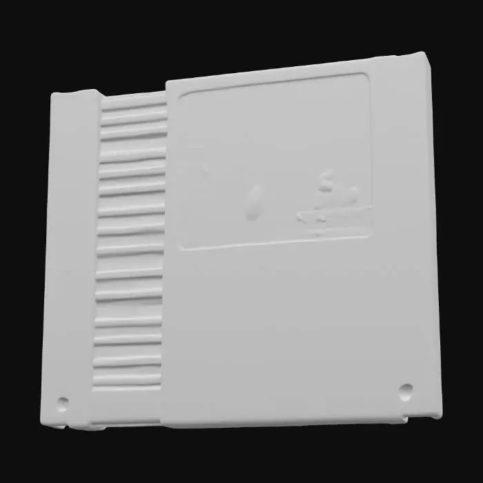 3D model for A pristine NES-style game cartridge, sleek ABS plastic with a bold illustrated label, vibrant colors, and metallic logo details