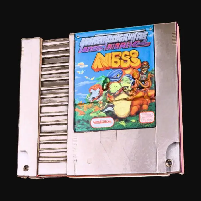 3D model for A pristine NES-style game cartridge, sleek ABS plastic with a bold illustrated label, vibrant colors, and metallic logo details