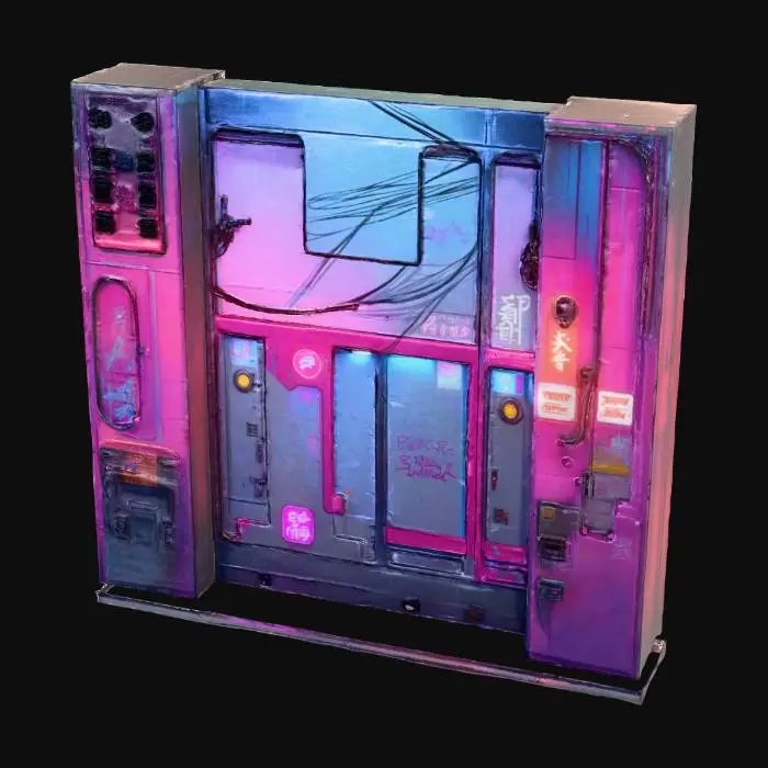 3D model for A hyper-detailed environment render of a narrow cyberpunk back alley created in Unreal Engine. Neon signs glow in pink and blue, reflecting across rain-slick asphalt. Steam rises from vents, casting hazy trails in the night air. Trash piles, graffiti, vending machines, and scattered wires add grit and realism. The lighting emphasizes strong color contrast between warm street lamps and cold neon. The atmosphere conveys danger and energy, as though the alley hides both crime and opportunity.