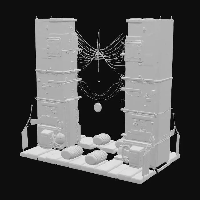 3D model for A hyper-detailed environment render of a narrow cyberpunk back alley created in Unreal Engine. Neon signs glow in pink and blue, reflecting across rain-slick asphalt. Steam rises from vents, casting hazy trails in the night air. Trash piles, graffiti, vending machines, and scattered wires add grit and realism. The lighting emphasizes strong color contrast between warm street lamps and cold neon. The atmosphere conveys danger and energy, as though the alley hides both crime and opportunity.