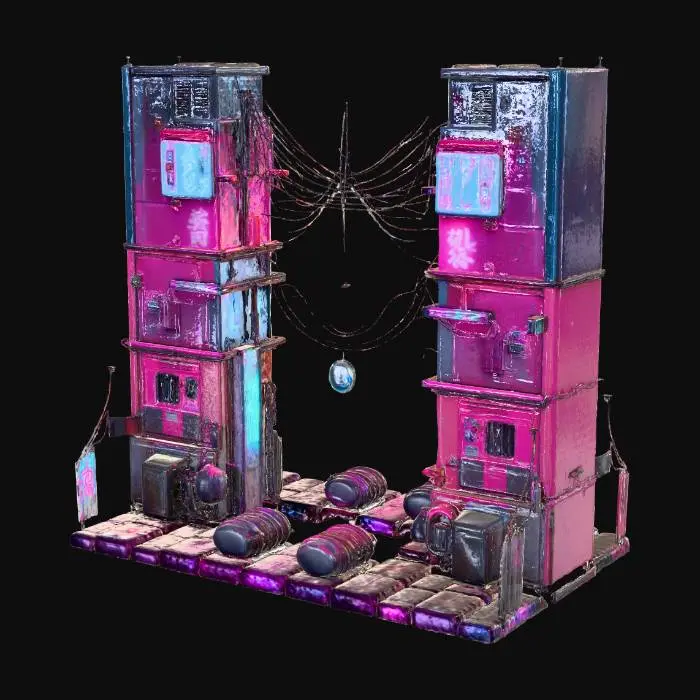 3D model for A hyper-detailed environment render of a narrow cyberpunk back alley created in Unreal Engine. Neon signs glow in pink and blue, reflecting across rain-slick asphalt. Steam rises from vents, casting hazy trails in the night air. Trash piles, graffiti, vending machines, and scattered wires add grit and realism. The lighting emphasizes strong color contrast between warm street lamps and cold neon. The atmosphere conveys danger and energy, as though the alley hides both crime and opportunity.