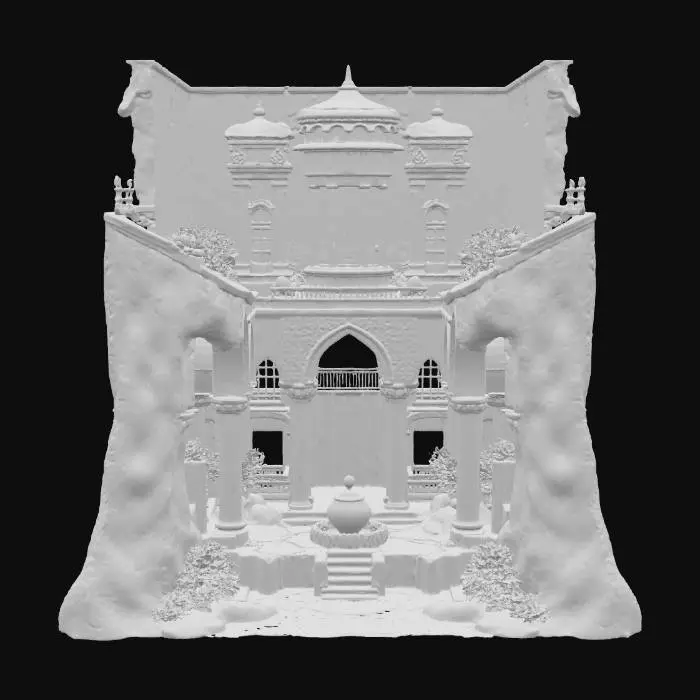 3D model for A sprawling sandstone palace carved into cliffs, created in Unreal Engine. Tall arches, domes, and lattice windows reflect Middle Eastern architecture. Intricate geometric carvings and patterned mosaics decorate the walls and floors. Courtyards feature fountains and gardens partially reclaimed by sand. Subtle textures show weathering, erosion, and faded paintwork. The atmosphere conveys forgotten splendor, blending ruin and beauty beneath a blazing sun.