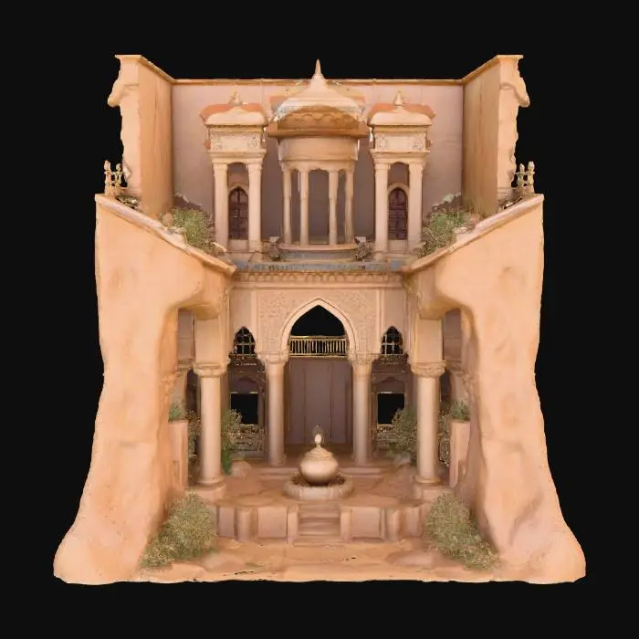 3D model for A sprawling sandstone palace carved into cliffs, created in Unreal Engine. Tall arches, domes, and lattice windows reflect Middle Eastern architecture. Intricate geometric carvings and patterned mosaics decorate the walls and floors. Courtyards feature fountains and gardens partially reclaimed by sand. Subtle textures show weathering, erosion, and faded paintwork. The atmosphere conveys forgotten splendor, blending ruin and beauty beneath a blazing sun.