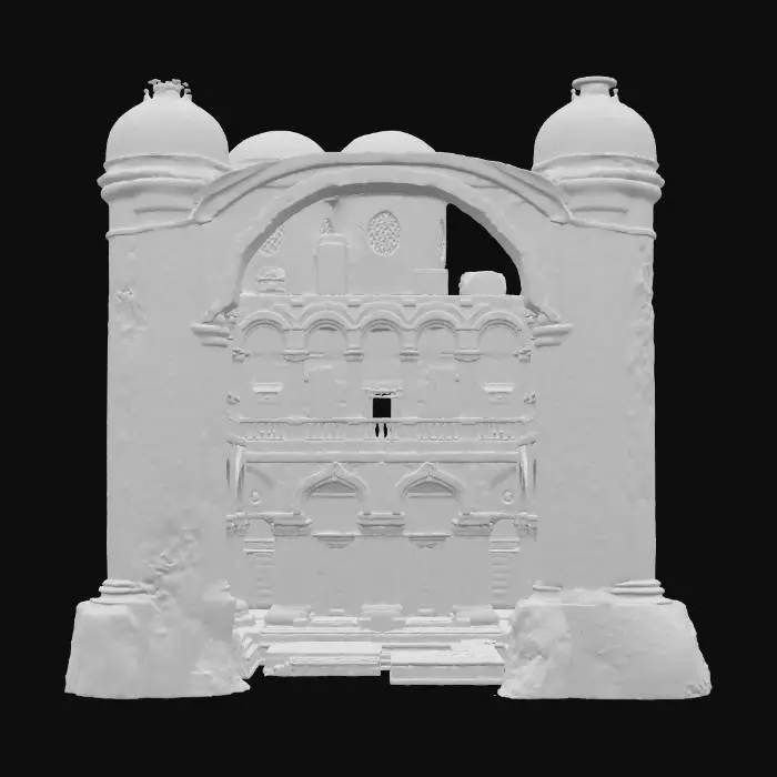 3D model for A sprawling sandstone palace carved into cliffs, created in Unreal Engine. Tall arches, domes, and lattice windows reflect Middle Eastern architecture. Intricate geometric carvings and patterned mosaics decorate the walls and floors. Courtyards feature fountains and gardens partially reclaimed by sand. Subtle textures show weathering, erosion, and faded paintwork. The atmosphere conveys forgotten splendor, blending ruin and beauty beneath a blazing sun.