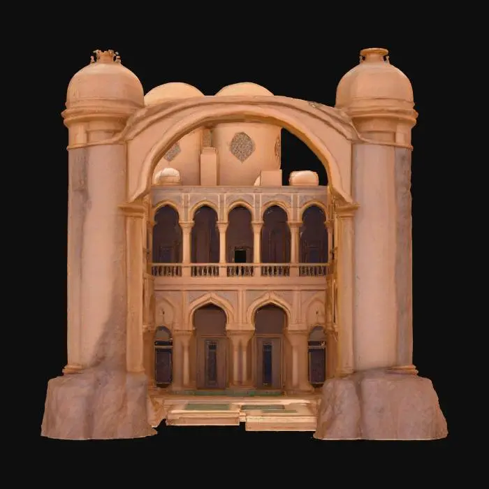 3D model for A sprawling sandstone palace carved into cliffs, created in Unreal Engine. Tall arches, domes, and lattice windows reflect Middle Eastern architecture. Intricate geometric carvings and patterned mosaics decorate the walls and floors. Courtyards feature fountains and gardens partially reclaimed by sand. Subtle textures show weathering, erosion, and faded paintwork. The atmosphere conveys forgotten splendor, blending ruin and beauty beneath a blazing sun.