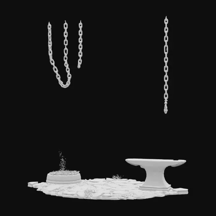 3D model for A massive dwarven-style forge carved deep into stone caverns, rendered in Unreal Engine. Lava flows illuminate giant anvils, hammers, and gears, casting the whole chamber in fiery red-orange glow. Chains hang from the ceilings, and molten metal pours through channels into glowing vats. Embers float in the air, enhanced with particle effects. Textures highlight soot-stained stone, glowing iron, and scorched steel. The atmosphere conveys raw industrial power and ancient craftsmanship.