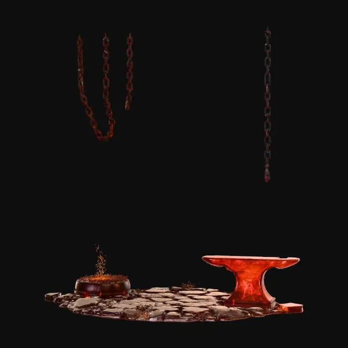 3D model for A massive dwarven-style forge carved deep into stone caverns, rendered in Unreal Engine. Lava flows illuminate giant anvils, hammers, and gears, casting the whole chamber in fiery red-orange glow. Chains hang from the ceilings, and molten metal pours through channels into glowing vats. Embers float in the air, enhanced with particle effects. Textures highlight soot-stained stone, glowing iron, and scorched steel. The atmosphere conveys raw industrial power and ancient craftsmanship.