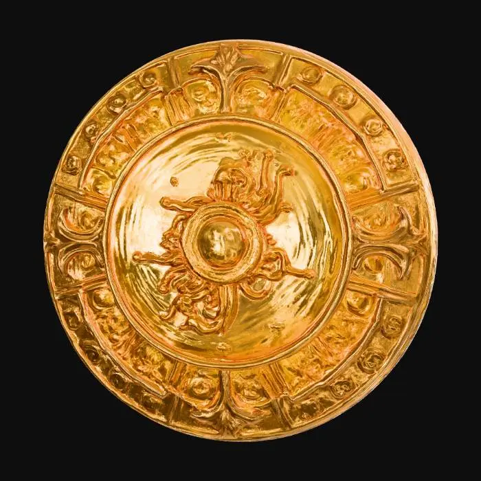 3D model for Yata no Kagami,

Comic book dark fantasy stylized art, hand-painted texture. A radiant bronze mirror, surface rippling like liquid sunlight. Intricate divine carvings along the rim, reflecting not images but hidden truths. Aura of judgment and clarity, glowing with golden-white light. Painterly shine, sacred brilliance, ceremonial dread.