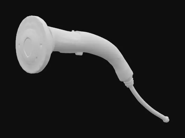 3D model for A futuristic electric charging plug handle, similar to an EV charger. Designed for one hand to grip smooth ergonomic grip, and a plug connector at the front. The material is mostly matte plastic and metal, with subtle sci-fi details for a subway setting. Slight wear and scratches to suggest frequent use.