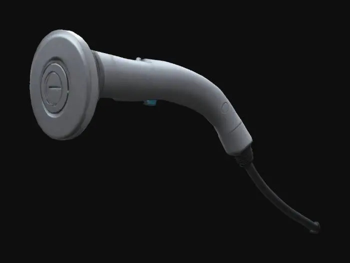 3D model for A futuristic electric charging plug handle, similar to an EV charger. Designed for one hand to grip smooth ergonomic grip, and a plug connector at the front. The material is mostly matte plastic and metal, with subtle sci-fi details for a subway setting. Slight wear and scratches to suggest frequent use.