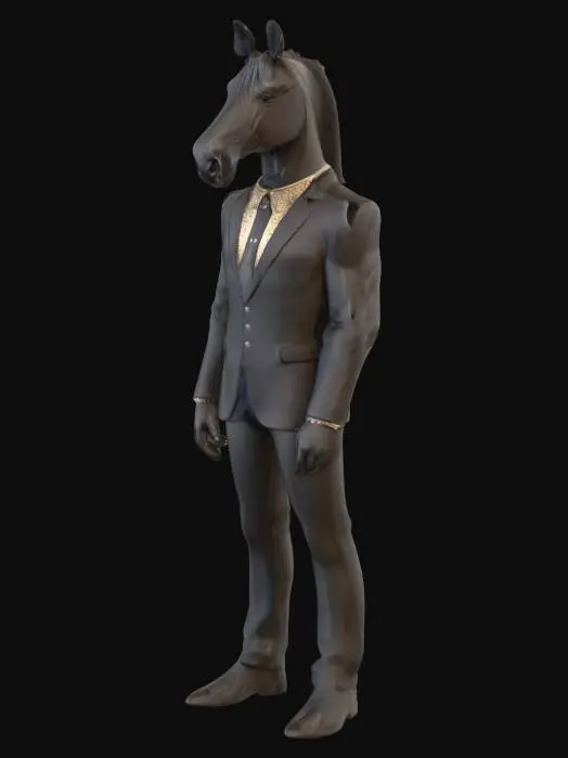3D model for A detailed 3D model of a mythical humanoid creature with the head of a horse and the body of a strong, muscular man. The creature is standing upright in a confident pose. Its horse head should be realistic, with defined nostrils, ears, and a strong jawline, seamlessly blended with the human neck and torso. The body is that of a well-built man, broad shoulders, and a tailored modern suit, including a crisp dress shirt, tie, and polished shoes. The clothing should look elegant and professional, with fine fabric details and folds, giving the impression of a surreal “businessman horse-man.” Make it look clean, symmetrical, high resolution, and optimized for sculpting and 3D printing.