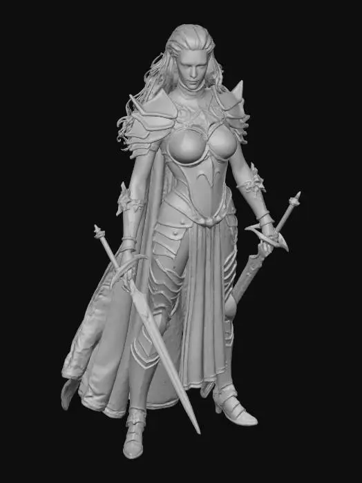3D model for A beautiful female warrior with sharp, cunning eyes and a creepy smile, holding a sword in one hand and a villain’s in the other. Her expression shows confidence and dark satisfaction. She has long flowing hair, battle-worn armor with intricate metallic details, and a tattered cape moving slightly with the wind. The sword is slightly blood-stained, and the head she holds has an evil look, defeated. The background is dark fantasy style, dramatic lighting highlighting her face and armor. Highly detailed, realistic proportions, cinematic 3D character design, fantasy art, powerful pose, game-quality model, ultra-detailed textures.