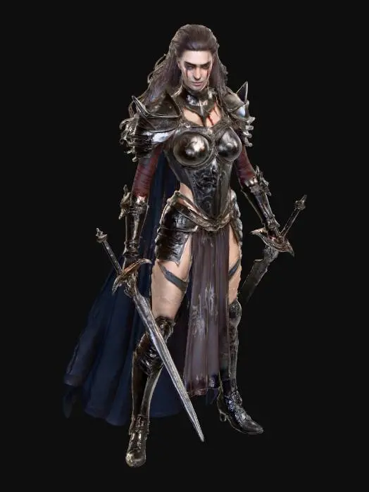 3D model for A beautiful female warrior with sharp, cunning eyes and a creepy smile, holding a sword in one hand and a villain’s in the other. Her expression shows confidence and dark satisfaction. She has long flowing hair, battle-worn armor with intricate metallic details, and a tattered cape moving slightly with the wind. The sword is slightly blood-stained, and the head she holds has an evil look, defeated. The background is dark fantasy style, dramatic lighting highlighting her face and armor. Highly detailed, realistic proportions, cinematic 3D character design, fantasy art, powerful pose, game-quality model, ultra-detailed textures.