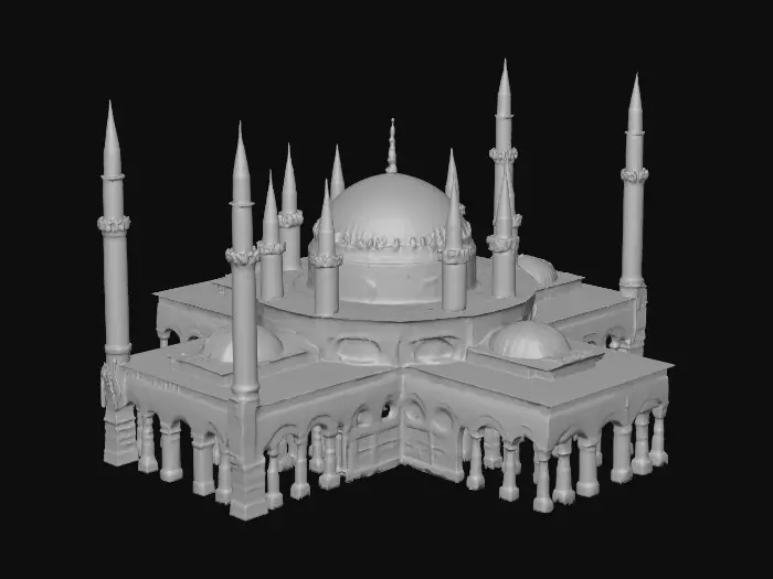 3D model for A detailed 3D model of the Hagia Sophia Mosque in Istanbul, featuring its massive central dome flanked by semi-domes, four slender minarets at each corner, and intricate Byzantine and Ottoman architectural elements. The structure showcases a blend of basilica and centralized plans, with large arched windows, ornate marble columns, and decorative mosaics. The model captures the grandeur and historical significance of this iconic monument.