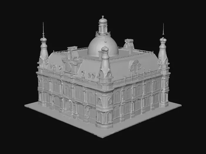 3D model for Highly detailed 3D model of Hamburg Rathaus, preserving its original neo-Renaissance architecture: symmetrical facade, central clock tower with green copper roof, ornate windows and statues. Add subtle cyberpunk elements: soft neon-blue lines tracing the roof edges, faint purple glow from arched windows, digital signs embedded into old stone, and a light mist at ground level. Structure must remain historically accurate, geometry clean and proportioned for close-up player navigation. No sci-fi deformation.