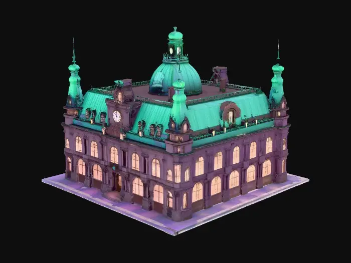 3D model for Highly detailed 3D model of Hamburg Rathaus, preserving its original neo-Renaissance architecture: symmetrical facade, central clock tower with green copper roof, ornate windows and statues. Add subtle cyberpunk elements: soft neon-blue lines tracing the roof edges, faint purple glow from arched windows, digital signs embedded into old stone, and a light mist at ground level. Structure must remain historically accurate, geometry clean and proportioned for close-up player navigation. No sci-fi deformation.
