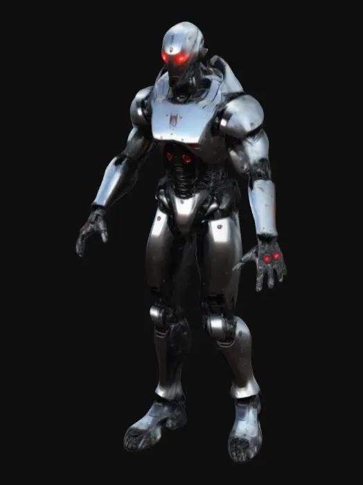 3D model for black bad robot slim armored war machine humanoid t pose shiny evil dark robot red eyes war ready bad