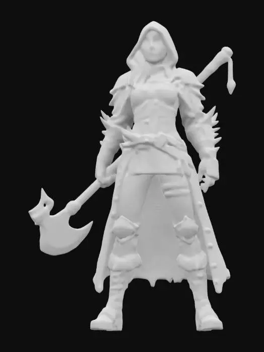 3D model for women
in full growth
of 180 cm tall
with deadlocked hair
and a fierce look
black hair and loose
hooded raincoat on the head
, The object features a muscular figure in a strong, upright stance holding a large, intricately designed two-sided axe with angular, spiked edges, adorned with fur textures on the boots and wrists, emphasizing a rough, warrior aesthetic.
iron armor on the chest