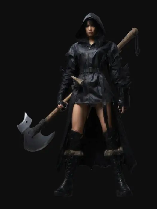 3D model for women
in full growth
of 180 cm tall
with deadlocked hair
and a fierce look
black hair and loose
hooded raincoat on the head
, The object features a muscular figure in a strong, upright stance holding a large, intricately designed two-sided axe with angular, spiked edges, adorned with fur textures on the boots and wrists, emphasizing a rough, warrior aesthetic.
iron armor on the chest