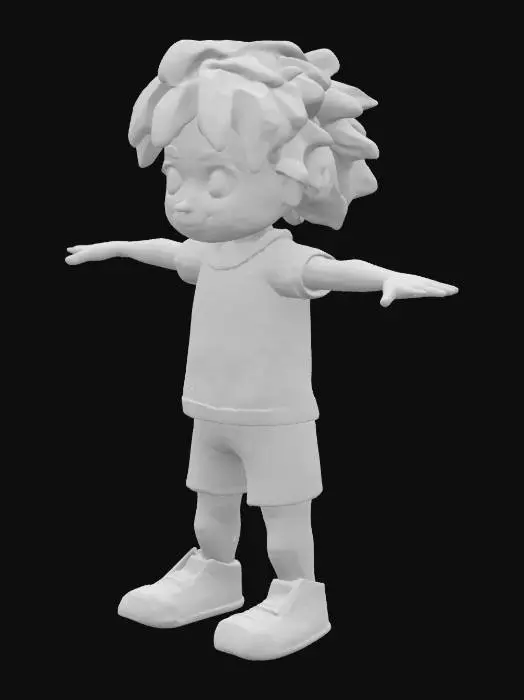3D model for brown short dreadlocks, light brown skin anime boy with orange/yellow eyes and a confident smile, wearing a yellow t-shirt and black jeans shorts and sneakers. Standing in t-pose