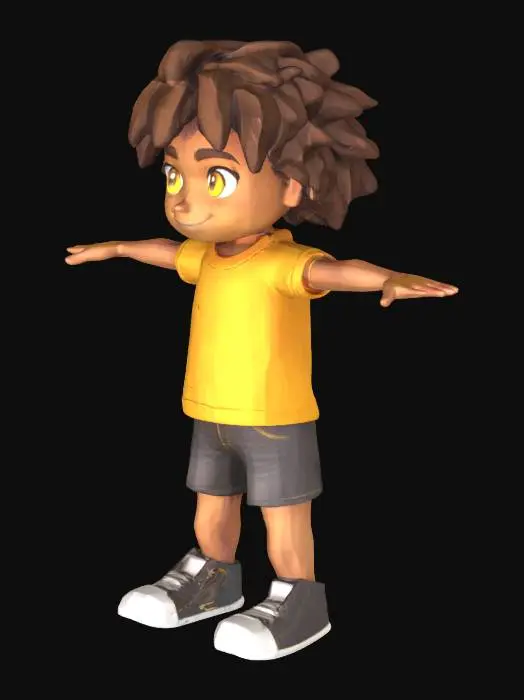 3D model for brown short dreadlocks, light brown skin anime boy with orange/yellow eyes and a confident smile, wearing a yellow t-shirt and black jeans shorts and sneakers. Standing in t-pose