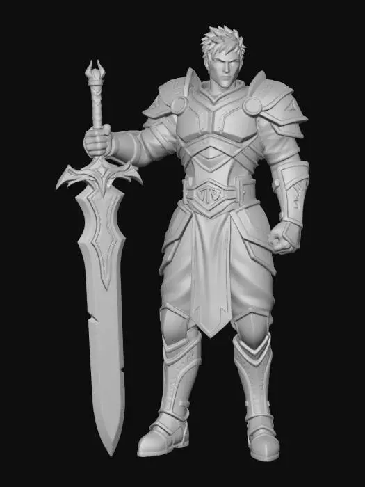 3D model for Un potente combattente anime magico, muscoloso e slanciato, con una robusta armatura nera opaca adornata da incisioni runiche che brillano di una luce verde smeraldo. I suoi vestiti sottostanti sono di un tessuto tecnico grigio scuro con texture ruvida. Un'enorme spada con un'elsa ornata e una lama incandescente di fuoco arancione emerge dalle sue mani, circondata da fumo sottile. La sua espressione decisa e la posa statica trasmettono forza.