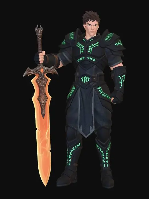 3D model for Un potente combattente anime magico, muscoloso e slanciato, con una robusta armatura nera opaca adornata da incisioni runiche che brillano di una luce verde smeraldo. I suoi vestiti sottostanti sono di un tessuto tecnico grigio scuro con texture ruvida. Un'enorme spada con un'elsa ornata e una lama incandescente di fuoco arancione emerge dalle sue mani, circondata da fumo sottile. La sua espressione decisa e la posa statica trasmettono forza.