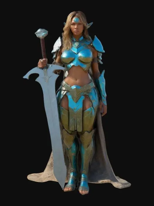 3D model for Guardian of the Future

Design a visionary female warrior embodying strength, wisdom, and resilience. She has a fierce yet compassionate expression, with armor that combines futuristic elements and organic motifs, symbolizing her bond with nature and technology. In a dynamic pose atop a cliff, she oversees a vibrant landscape. Accessories include a unity pendant and a sword inscribed with empowering quotes, celebrating women as champions of peace and guardians of the future, #women#