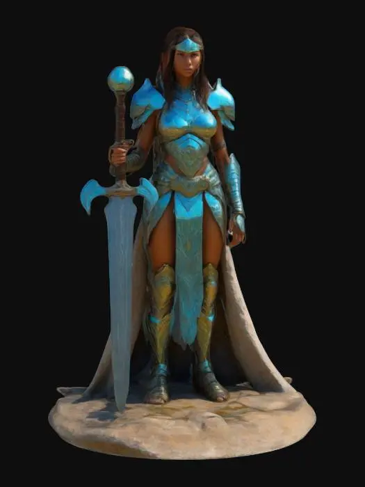 3D model for Guardian of the Future

Design a visionary female warrior embodying strength, wisdom, and resilience. She has a fierce yet compassionate expression, with armor that combines futuristic elements and organic motifs, symbolizing her bond with nature and technology. In a dynamic pose atop a cliff, she oversees a vibrant landscape. Accessories include a unity pendant and a sword inscribed with empowering quotes, celebrating women as champions of peace and guardians of the future, #women#