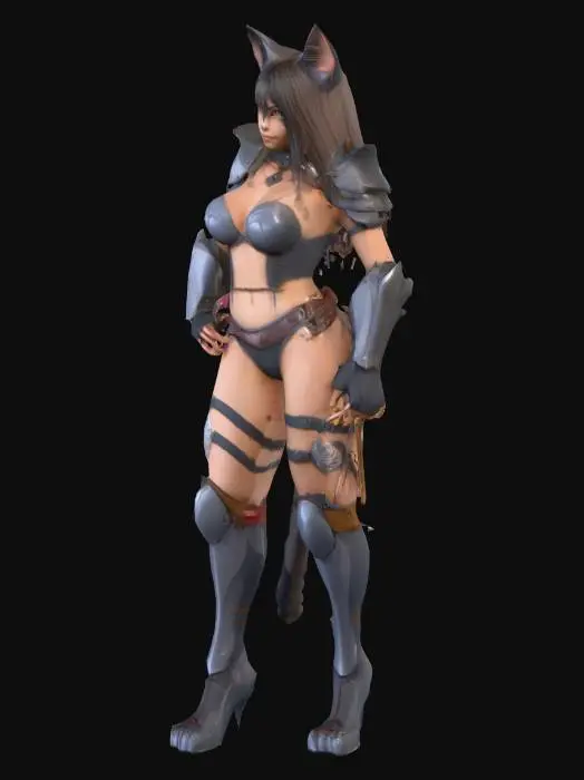 3D model for Create a high-quality 3D model of a humanoid cat girl character with feline features such as cat ears, a long tail, and slit-pupil eyes. She has a mature, well-proportioned body and a confident, expressive pose. The character wears a detailed two-piece outfit—such as a fantasy-inspired bikini armor set or a sleek, futuristic two-piece costume with elegant designs. The outfit should feature metallic trims, fabric texture variations (e.g., leather, silk, mesh), and accessories like arm bands, thigh straps, or a belt. Her hair is styled gracefully, and her face shows a calm, intelligent expression. Use realistic skin shaders, high-detail fur, and dynamic lighting. Set the background in a stylized environment like a neon-lit cityscape or an enchanted forest.