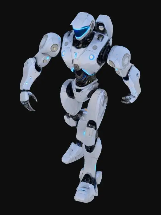 3D model for Generate a detailed 3D model of a futuristic humanoid robot designed for urban security and AI assistance. The robot should have a sleek, metallic body with a matte black and chrome silver finish, glowing blue LED lines across its limbs and chest, a minimalistic faceplate with expressive digital eyes, and retractable utility tools in its forearms. The design should reflect a balance between strength and intelligence, incorporating sci-fi armor plating, flexible joints, and anti-gravity foot stabilizers. The background should be a futuristic cityscape or laboratory setting for context.