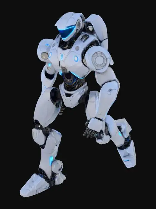 3D model for Generate a detailed 3D model of a futuristic humanoid robot designed for urban security and AI assistance. The robot should have a sleek, metallic body with a matte black and chrome silver finish, glowing blue LED lines across its limbs and chest, a minimalistic faceplate with expressive digital eyes, and retractable utility tools in its forearms. The design should reflect a balance between strength and intelligence, incorporating sci-fi armor plating, flexible joints, and anti-gravity foot stabilizers. The background should be a futuristic cityscape or laboratory setting for context.
