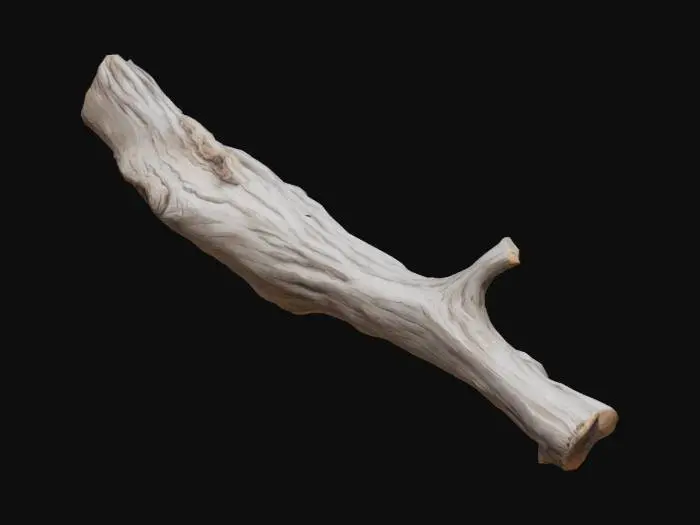 3D model for An aged, hand-sized forest branch, approximately 20 inches long, characterized by a gnarled and irregular shape. Its weathered texture features deep crevices and ridges from decayed bark, revealing a pale, sun-bleached wood beneath. The dominant color palette consists of desaturated greys and muted browns, with streaks of darker, almost black, moisture-stained areas and sporadic patches of faded green lichen. One end shows a clean, angled break, exposing the fibrous internal structure, while the other is naturally smoothed. It feels rough and textured, with distinct contours.
